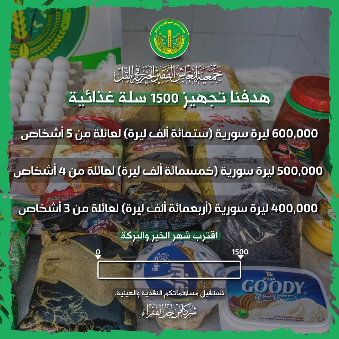 حالة تبرع- نسعى إلى توفير ١٥٠٠ سلة رمضانية " غذائية "
